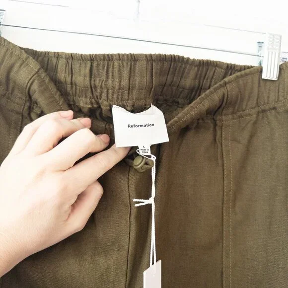 NWT Reformation Declan Linen Pants in Dark Olive, Size Large - Picture 9 of 12